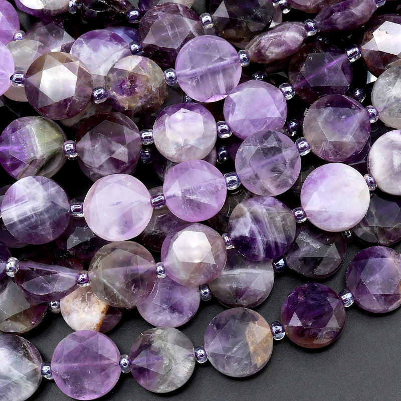 Faceted Natural Purple Chevron Amethyst Coin Beads 12mm Flat Disc Dazzling Facets Natural Gemstone 15.5" Strand
