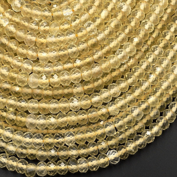 Faceted Natural Lemon Quartz Rondelle Beads 4mm Sparkling Micro Diamond Cut Gemstone 15.5" Strand