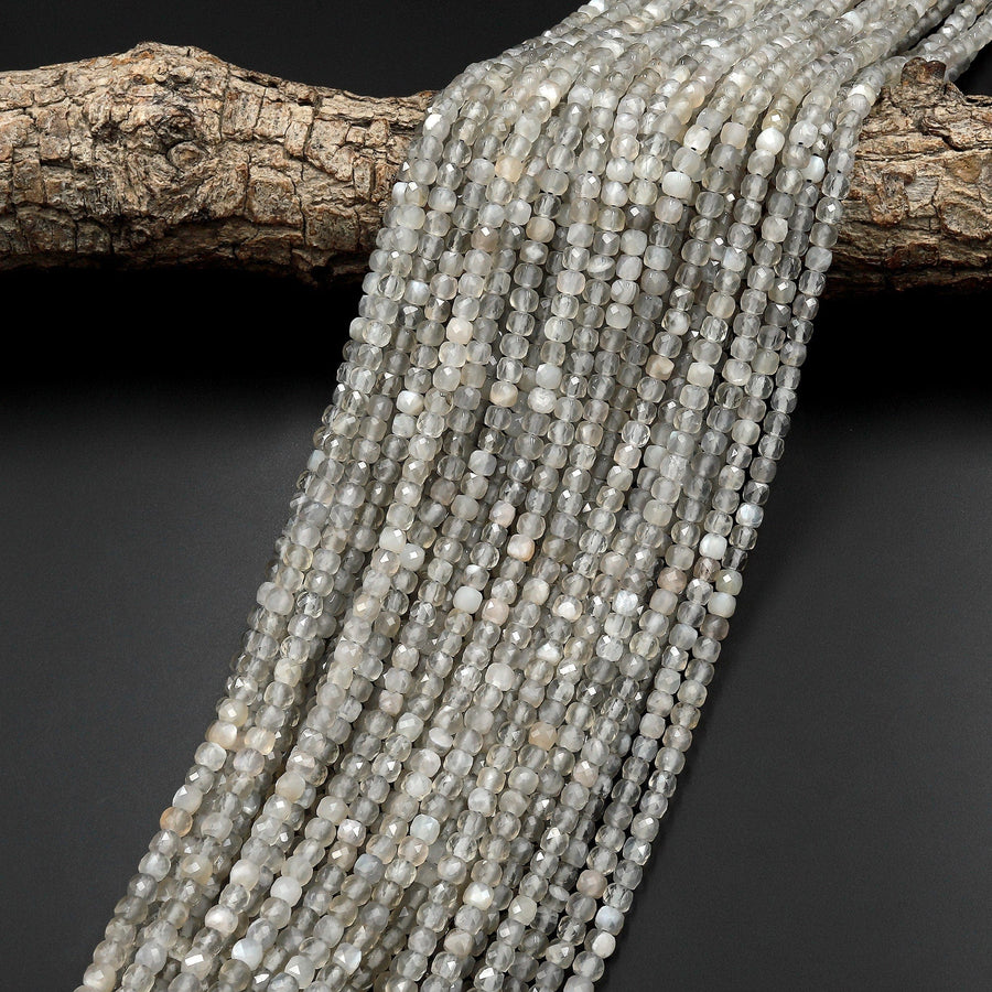 AAA Chatoyant Natural Silvery Gray Moonstone Faceted 4mm Cube Gemstone Beads 15.5" Strand