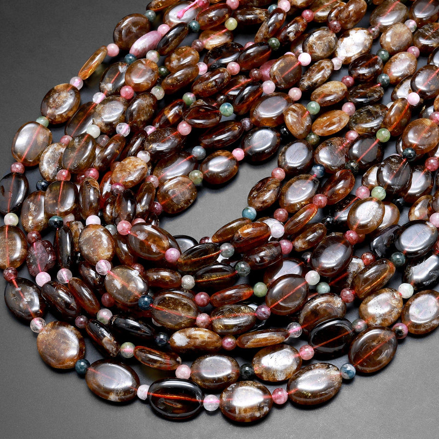 Rare Natural Dravite Tourmaline Freeform Oval Pebble Nugget Beads Cognac Brown Gemstone 15.5" Strand