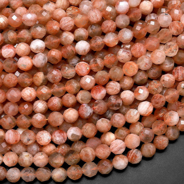 Micro Faceted Natural Sunstone Round Beads 5mm Sparkling Diamond Cut Gemstone 15.5" Strand