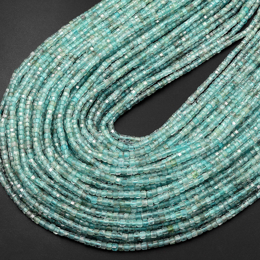 Natural Light Blue Green Apatite Faceted 2mm 3mm Cube Beads Gemstone 15.5" Strand