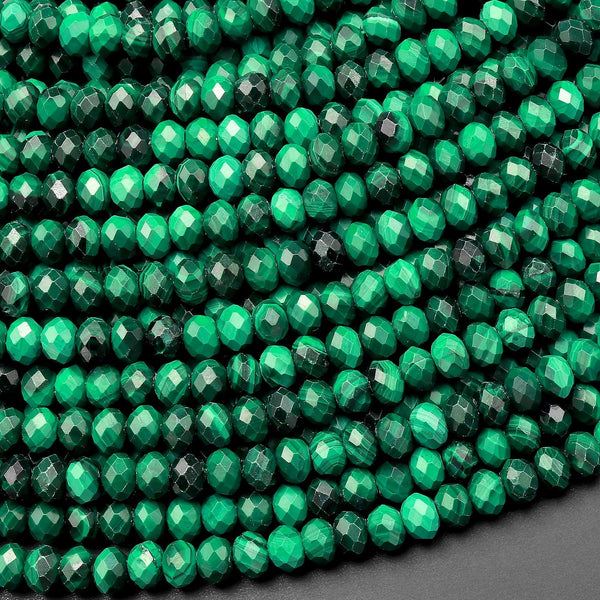 AAA Micro Faceted Natural Green Malachite Rondelle Beads 4mm Laser Diamond Cut Gemstone 15.5" Strand