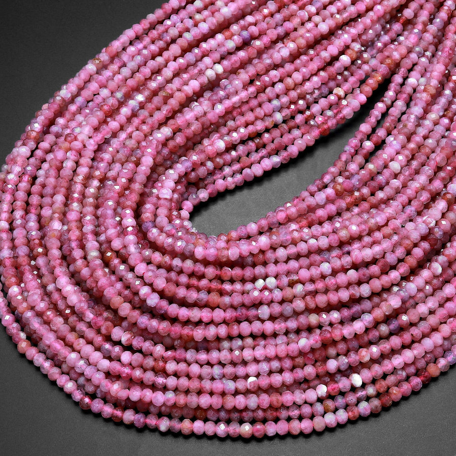 Faceted Natural Pink Tourmaline Rondelle 3mm Beads Diamond Cut Gemstone 15.5" Strand