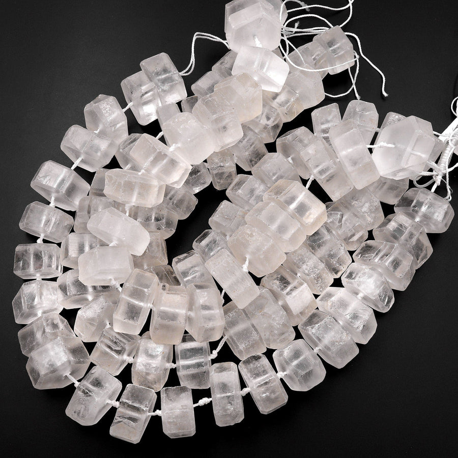 Huge Phenomenal Matte Faceted Natural Rock Quartz Beads Center Drilled Rondelle Hexagon Wheel 15.5" Strand
