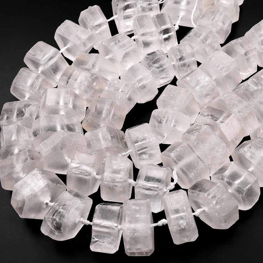 Huge Phenomenal Matte Faceted Natural Rock Quartz Beads Center Drilled Rondelle Hexagon Wheel 15.5" Strand