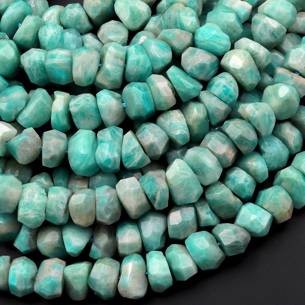 Faceted Natural Russian Amazonite Beads Chiseled Freeform 10mm Rondelle Gemstone 15.5" Strand