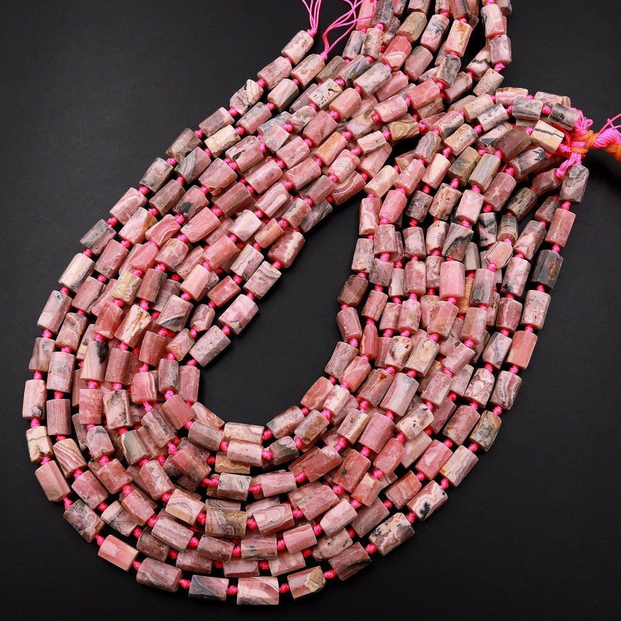 Matte Natural Red Pink Rhodochrosite Beads Faceted Tube Cylinder 15.5" Strand