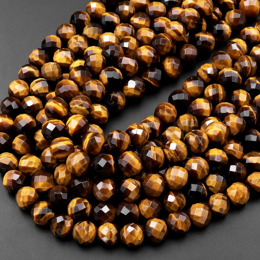 AAA Faceted Natural Tiger's Eye 6mm 8mm 10mm 16mm 18mm Round Beads 15.5" Strand