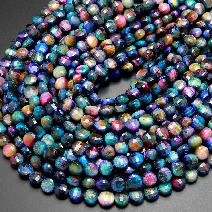AAA Rainbow Galaxy Tiger's Eye 6mm 8mm Faceted Coin Beads 15.5" Strand