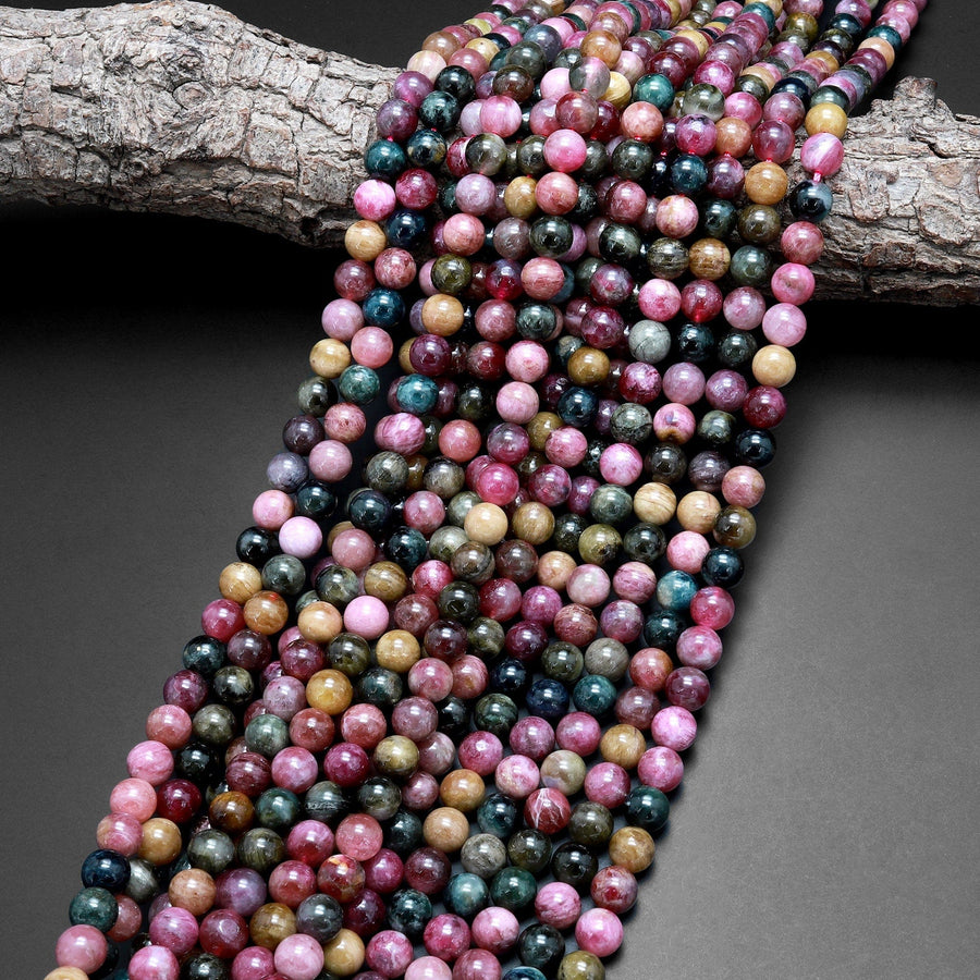 Natural Multicolor Pink Green Yellow Tourmaline Round Beads 6mm 8mm 15.5" Strand
