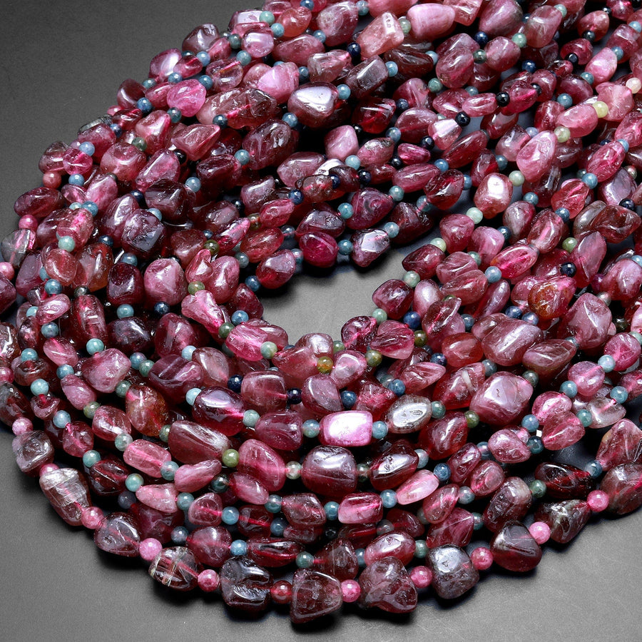 Gemmy Natural Reddish Pink Tourmaline Freeform Pebble Nugget Beads Gemstone 15.5" Strand