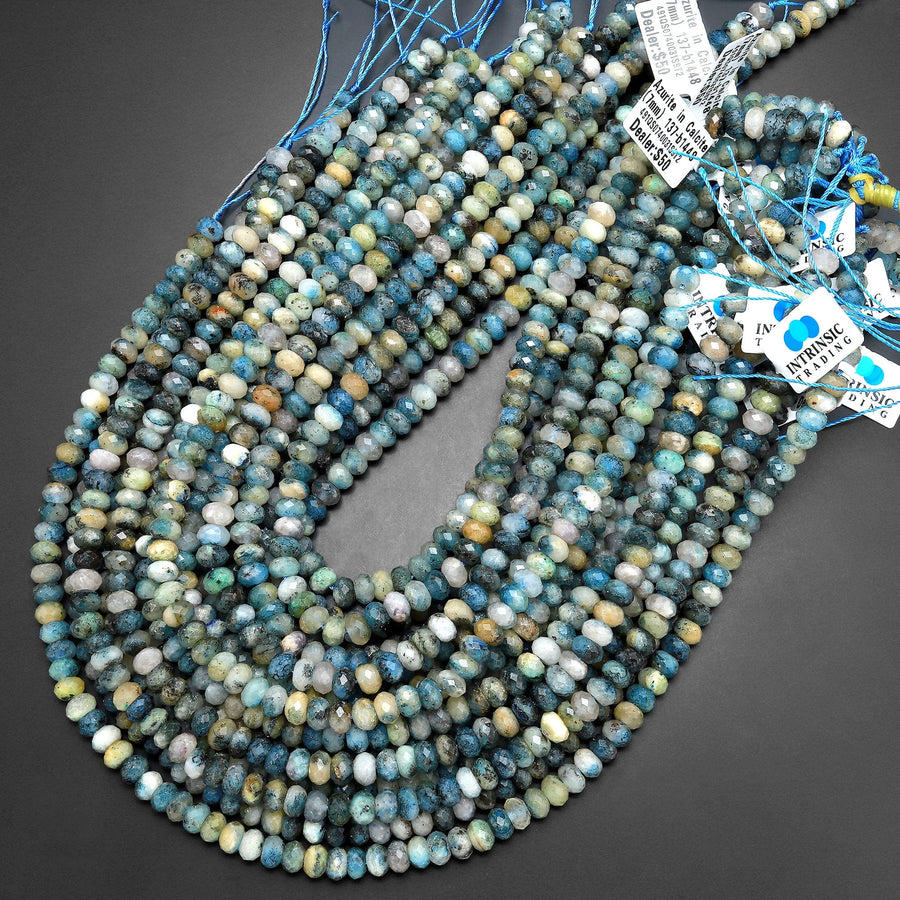 Rare Blue Azurite In Calcite Beads 6mm 8mm 10mm Rondelle Beads from Pakistan Afghanistan Where K2 is Found 15.5" Strand