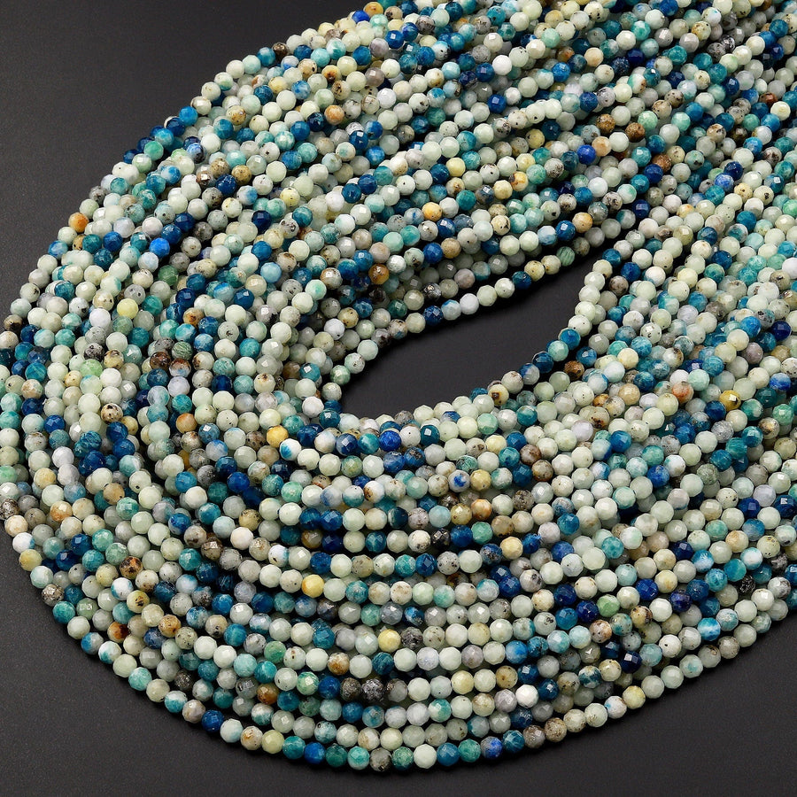UV Reactive Faceted 3mm Natural Azurite Sodalite in Calcite Round Beads Gemstone 15.5" Strand