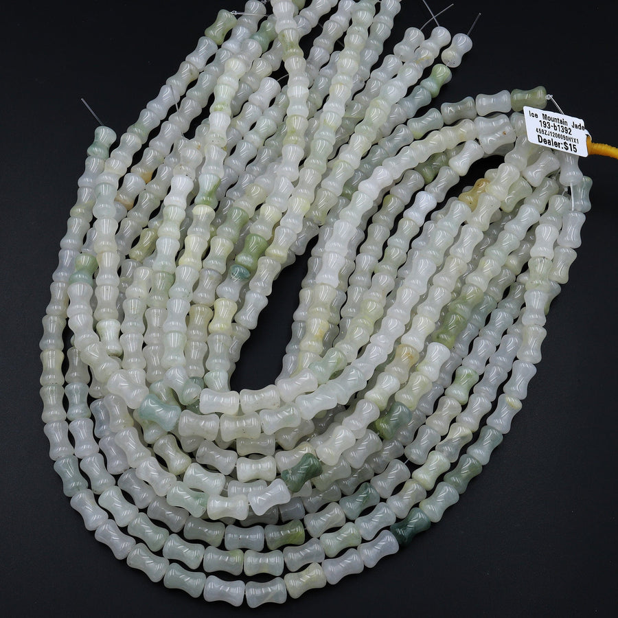 Faceted Natural Ice Mountain Jade Bamboo Stem Tube Beads Real Genuine Natural Green Jade 15.5" Strand