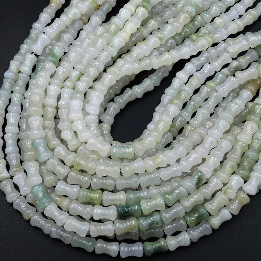 Faceted Natural Ice Mountain Jade Bamboo Stem Tube Beads Real Genuine Natural Green Jade 15.5" Strand