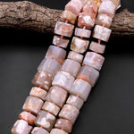 Large Graduated Faceted Natural Cherry Blossom Agate Beads Center Drilled Rondelle Wheel Tube Cylinder Aka Flower Agate 17" Strand