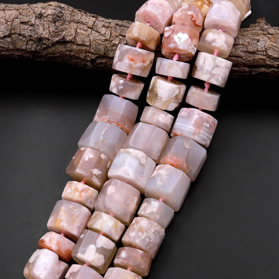 Large Graduated Faceted Natural Cherry Blossom Agate Beads Center Drilled Rondelle Wheel Tube Cylinder Aka Flower Agate 17" Strand