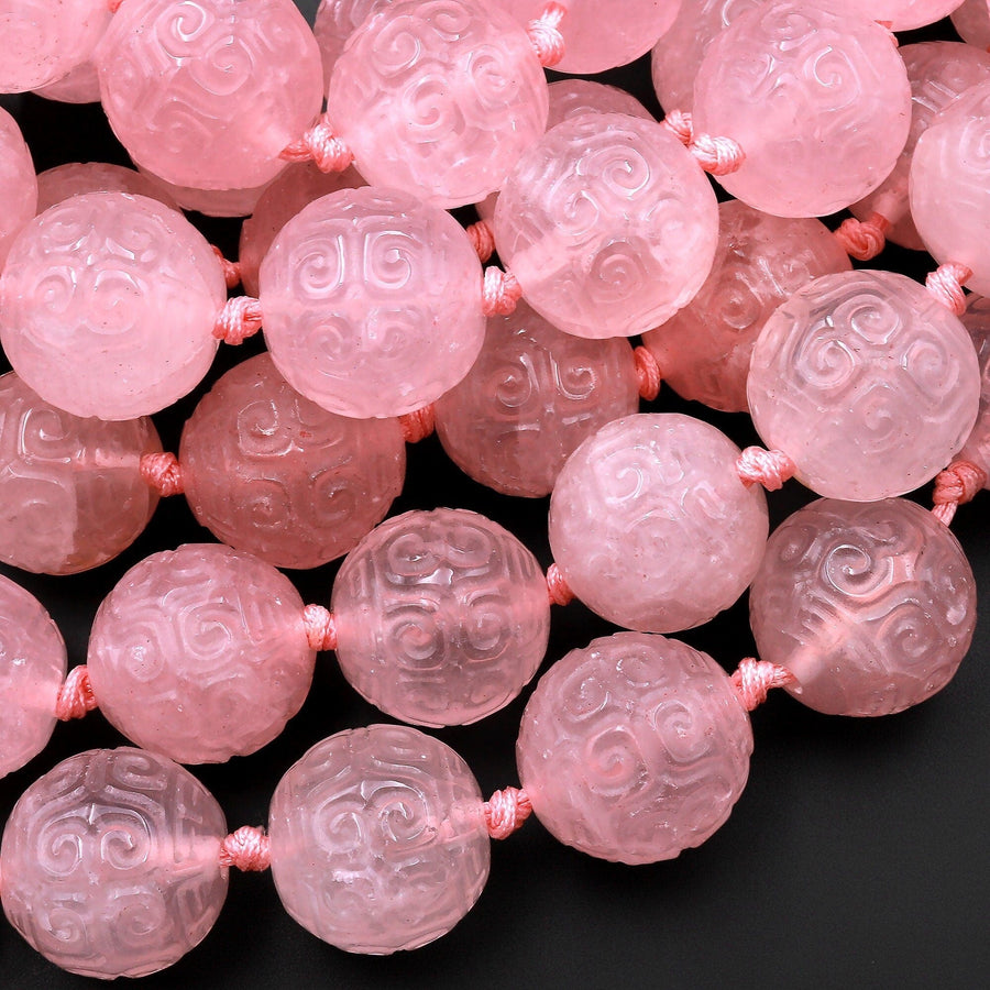 Large 2mm Hole Natural Rose Quartz 18mm Round Beads Hand Carved Decorative Gemstone Ancient Longevity Symbol 8" Strand