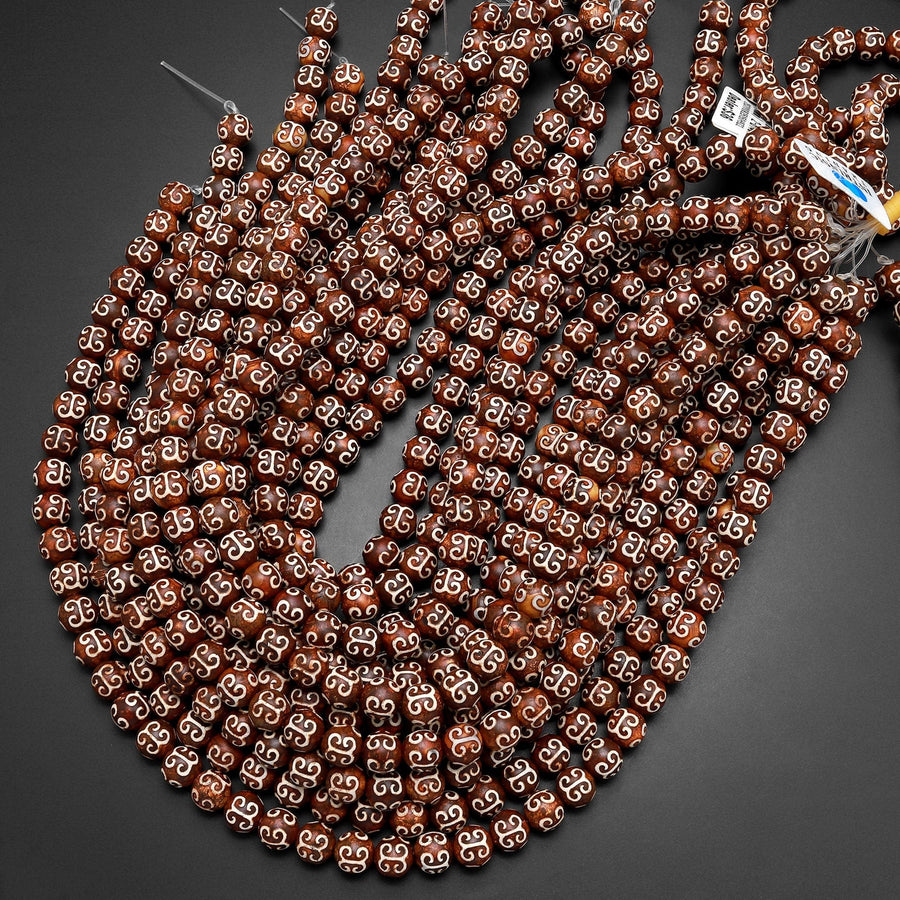 AAA Tibetan Agate 8mm 10mm Round Beads Dzi Agate Brown Antique Wood Look Mala Antique Boho Beads 14" Strand
