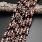 AAA Tibetan Agate Cylinder Long Drum Barrel Beads Dzi Agate Brown Antique Wood Look Mala Antique Boho Beads 15" Strand