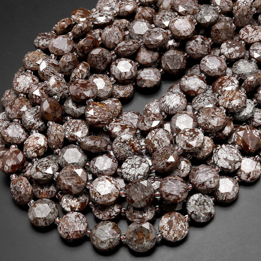 Natural Brown Snowflake Obsidian Faceted Coin 12mm Beads Earthy Red Green Stone 15.5" Strand