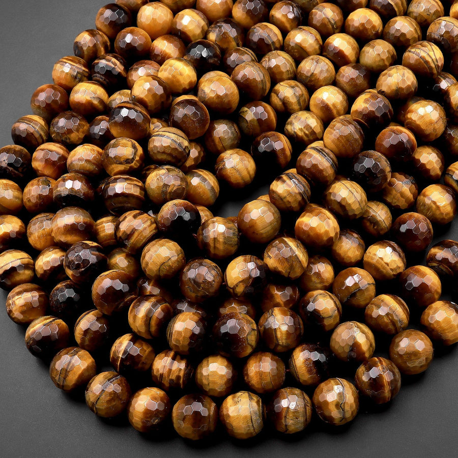 Faceted Natural Golden Brown Tiger's Eye 10mm Round Beads 15.5" Strand