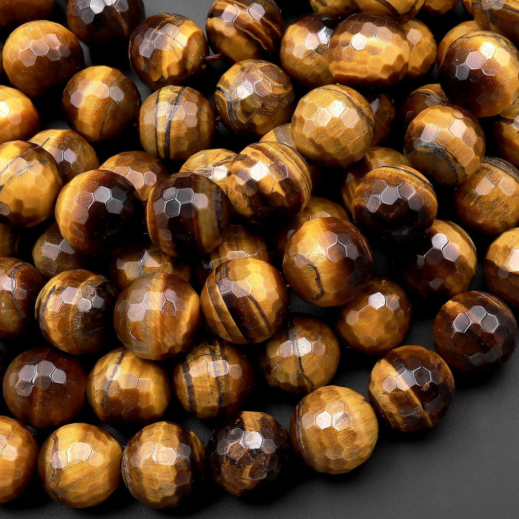 Faceted Natural Golden Brown Tiger's Eye 10mm Round Beads 15.5" Strand