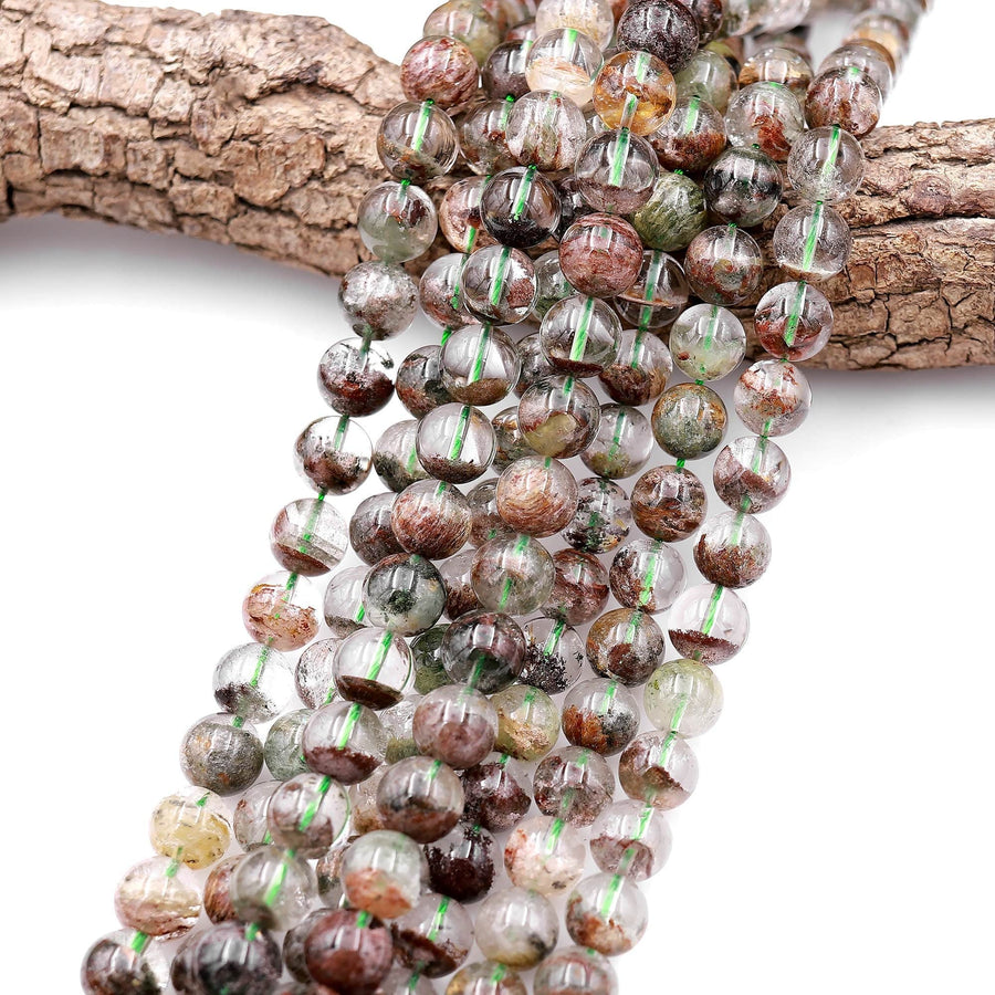 Rare Natural Green Brown Amphibole Phantom Thousand Layer Quartz 12mm 14mm Round Beads 15" Strand