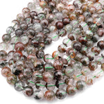 Rare Natural Green Brown Amphibole Phantom Thousand Layer Quartz 12mm 14mm Round Beads 15" Strand