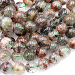 Rare Natural Green Brown Amphibole Phantom Thousand Layer Quartz 12mm 14mm Round Beads 15" Strand