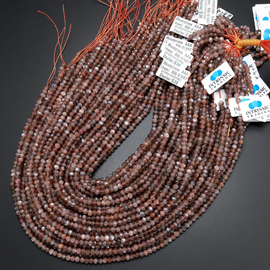 AAA Rare Faceted Natural Mauve Chocolate Moonstone 4mm Rondelle Gemstone Beads 15.5" Strand