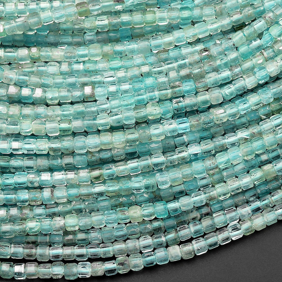 Natural Light Blue Green Apatite Faceted 2mm 3mm Cube Beads Gemstone 15.5" Strand