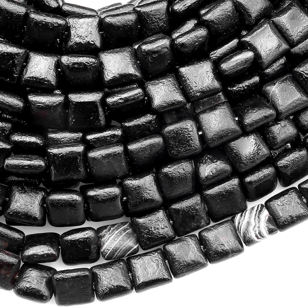 Matte Natural Black Agate 8mm Square Beads 15" Strand