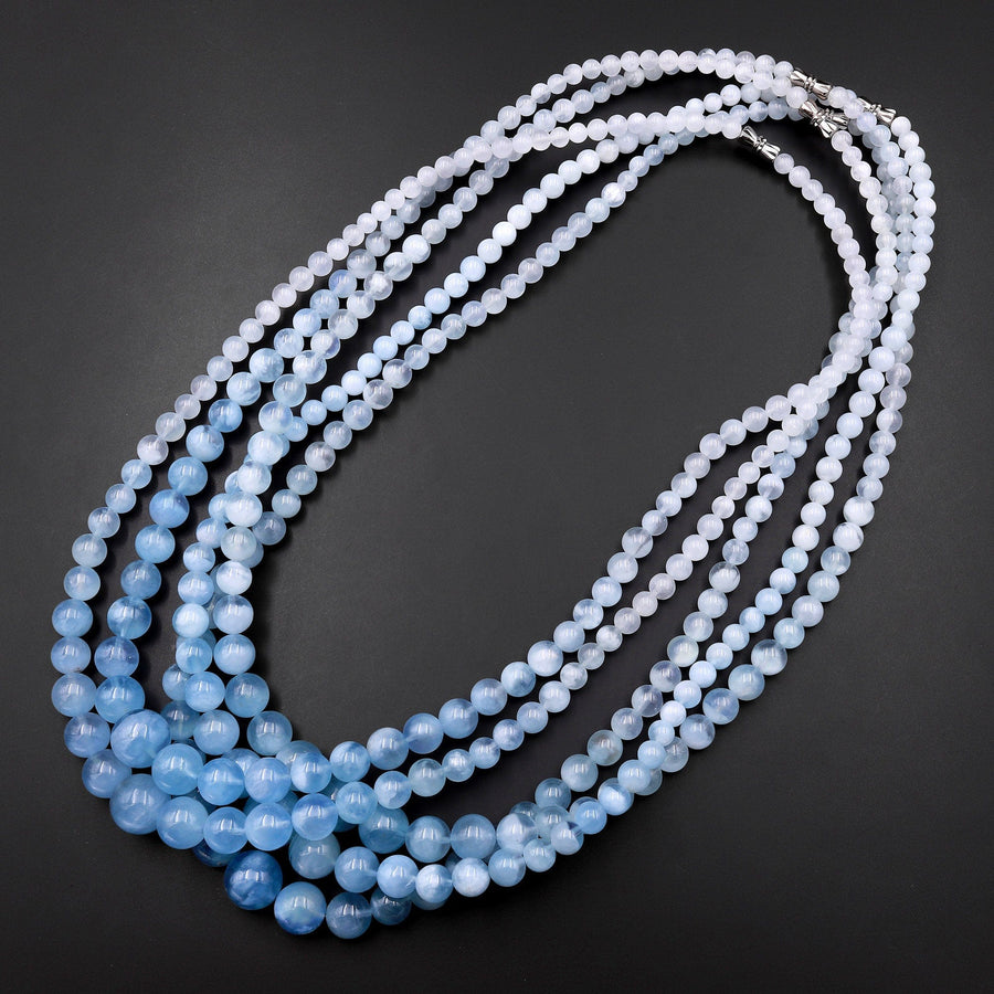 Graduated Natural Blue Aquamarine Round Beads 23" Long Finished Necklace Strand