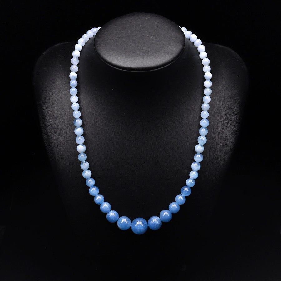 Graduated Natural Blue Aquamarine Smooth Round Beads 23" Long Finished Necklace Strand