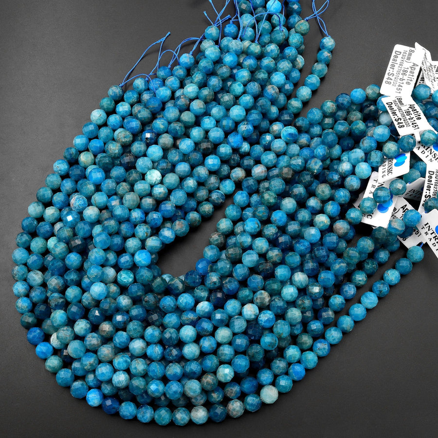 Faceted Natural Blue Apatite Round Beads 5mm 6mm 8mm 10mm Micro Laser Diamond Cut Teal Gemstone 15.5" Strand