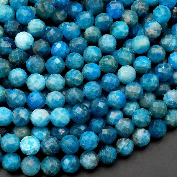 Faceted Natural Blue Apatite Round Beads 5mm 6mm 8mm 10mm Micro Laser Diamond Cut Teal Gemstone 15.5" Strand