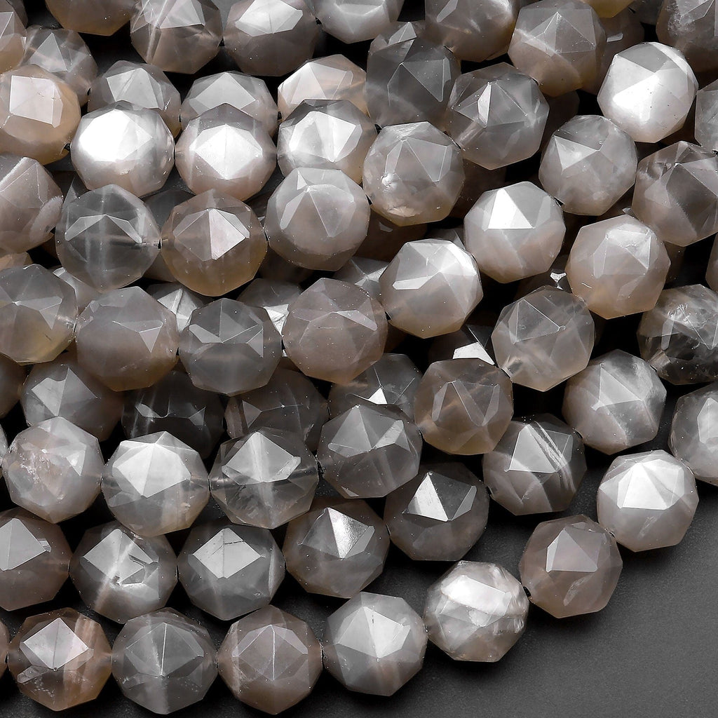 AAA Natural Silver Gray Black Moonstone Double Hearted Star Cut Faceted 10mm Rounded Beads 15.5" Strand