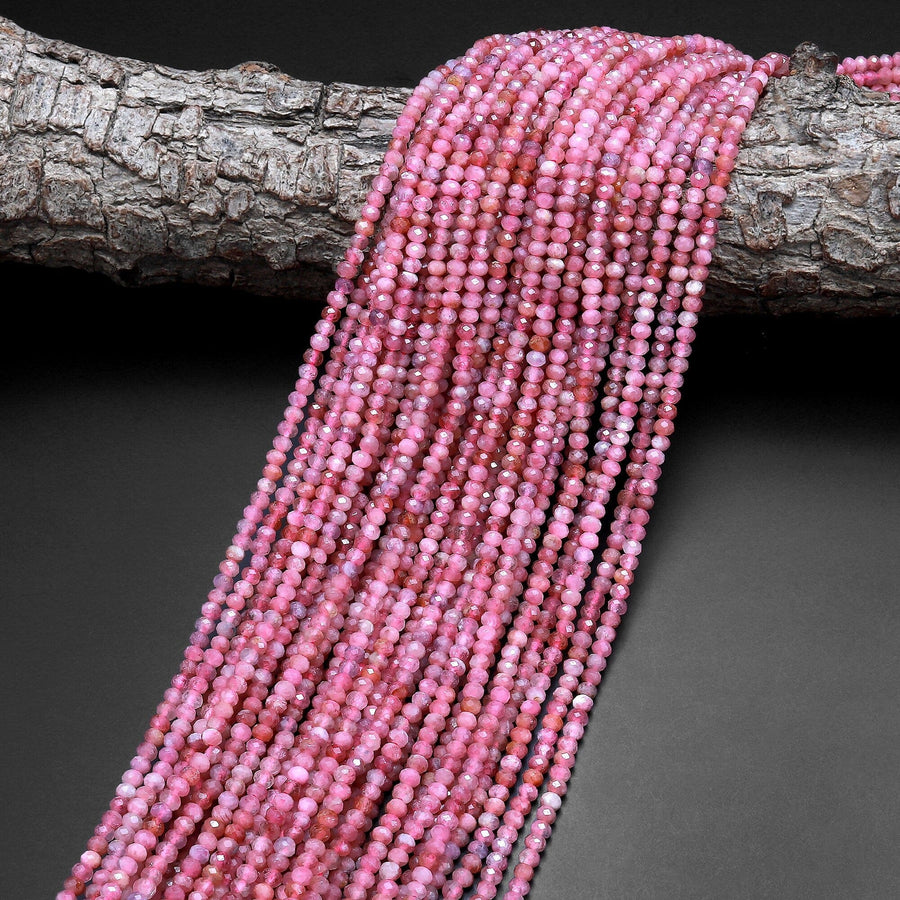 Faceted Natural Pink Tourmaline Rondelle 3mm Beads Diamond Cut Gemstone 15.5" Strand
