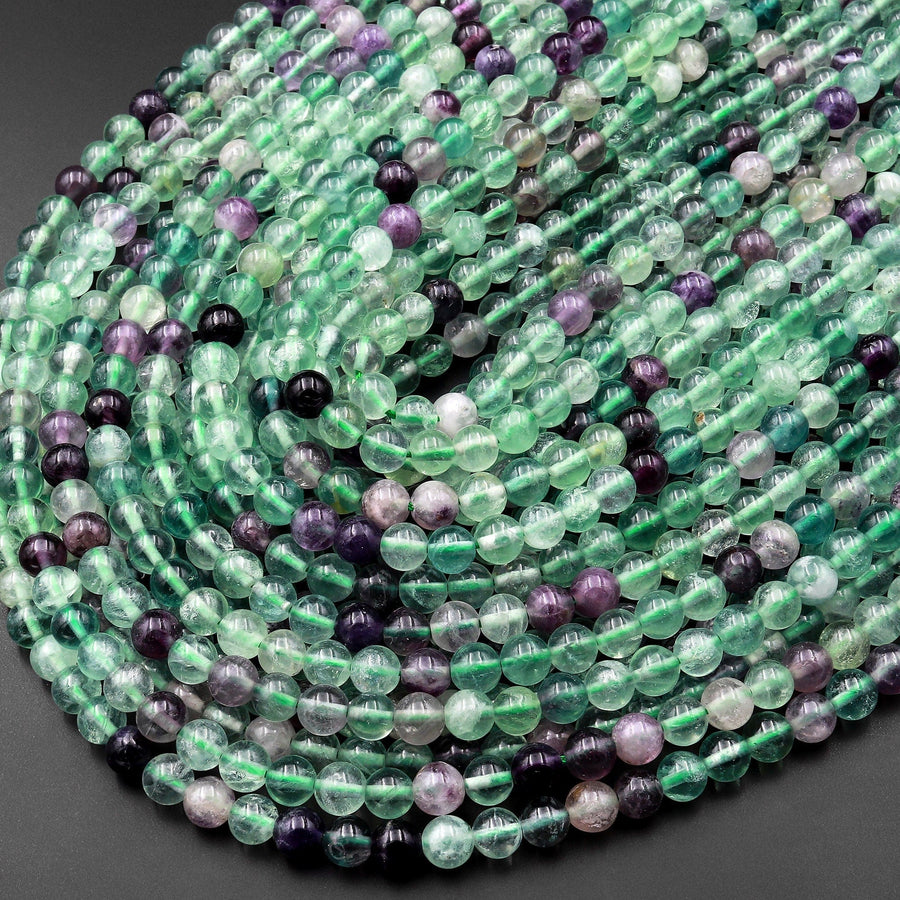Natural Fluorite Beads 4mm 6mm 8mm 10mm Smooth Round Purple Green Gemstone 15.5" Strand