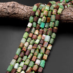 Matte Faceted Natural Australian Green Brown Chrysoprase Tube Rectangle Beads Cylinder Organic Cut 15.5" Strand