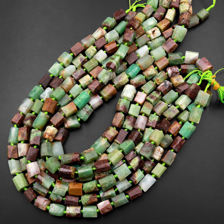 Matte Faceted Natural Australian Green Brown Chrysoprase Tube Rectangle Beads Cylinder Organic Cut 15.5" Strand