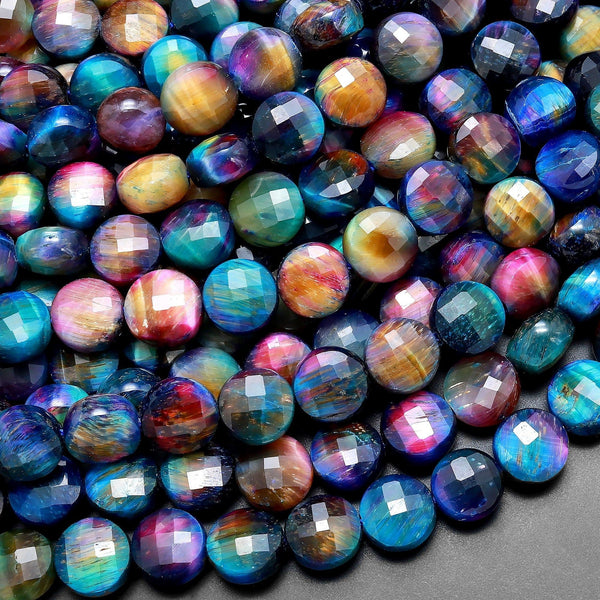 AAA Rainbow Galaxy Tiger's Eye 6mm 8mm Faceted Coin Beads 15.5" Strand