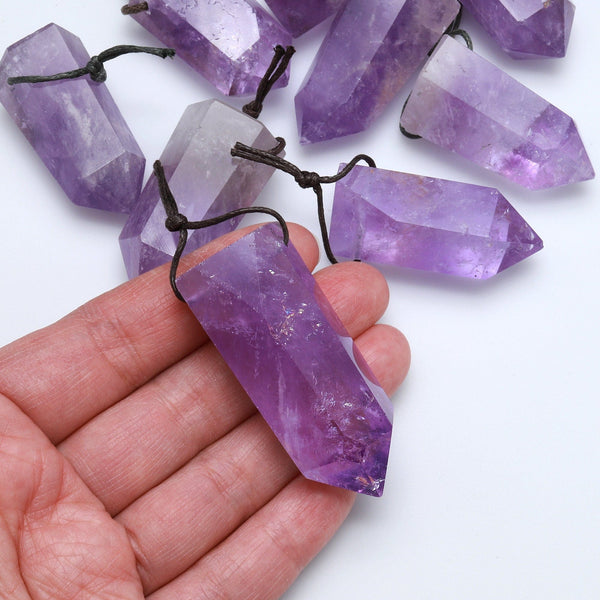 Natural Lilac Purple Amethyst Obelisk Point Pendant Rich Purple High Quality Side Drilled Tower Pendulum Healing Crystal