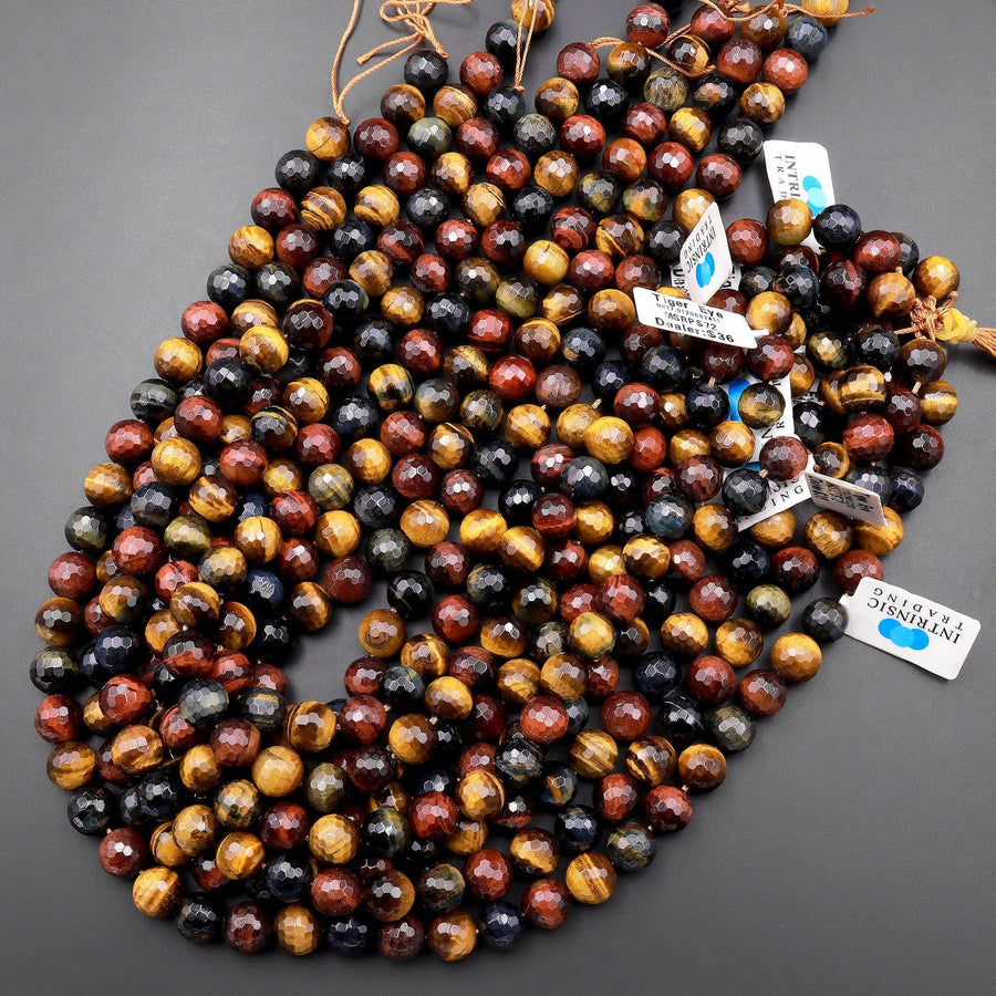AAA Faceted Natural Blue Red Gold Brown Tiger's Eye Beads 6mm 8mm 10mm 12mm 14mm Round Tricolor Multicolor 15.5" Strand