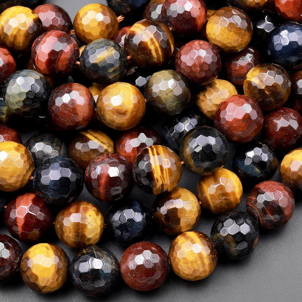 AAA Faceted Natural Blue Red Gold Brown Tiger's Eye Beads 6mm 8mm 10mm 12mm 14mm Round Tricolor Multicolor 15.5" Strand