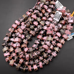 Large Faceted Natural Pink Rhodonite Beads Hexagon Rondelle Heishi Wheel Disc Earthy Black Matrix Beads 15.5" Strand