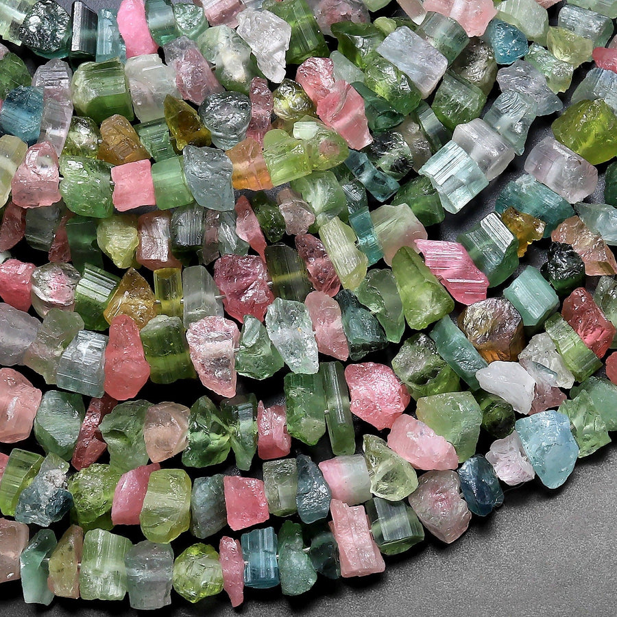 Raw Rough Natural Pink Green Watermelon Tourmaline Beads Freeform Irregular Nugget Chip Rondelle 16" Strand