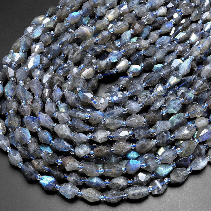 Flashy Natural Labradorite Faceted Nuggets Freeform Beads 15.5" Strand
